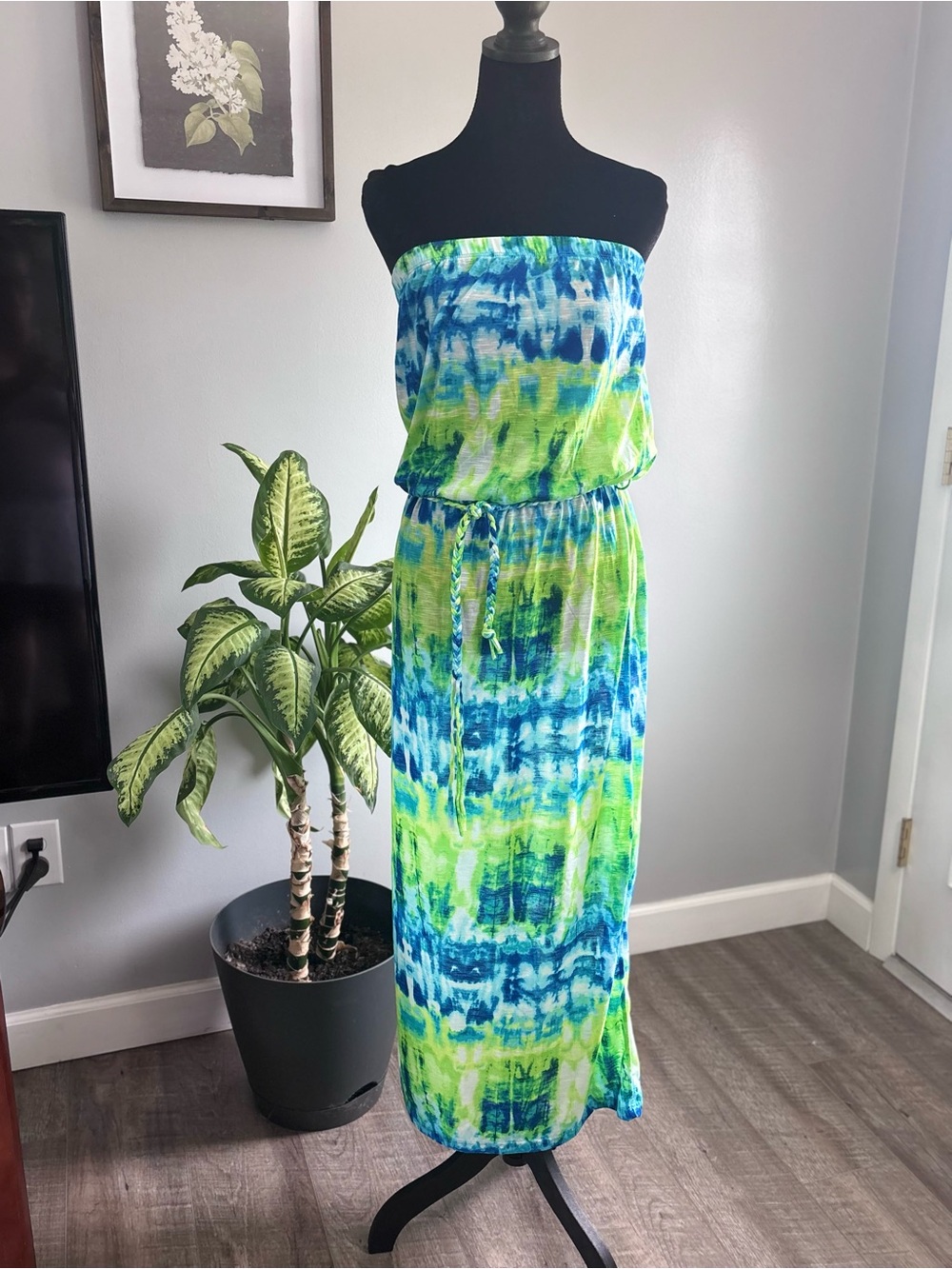 Lily Bleu Blue & Lime Green Tie-Dye Strapless Maxi